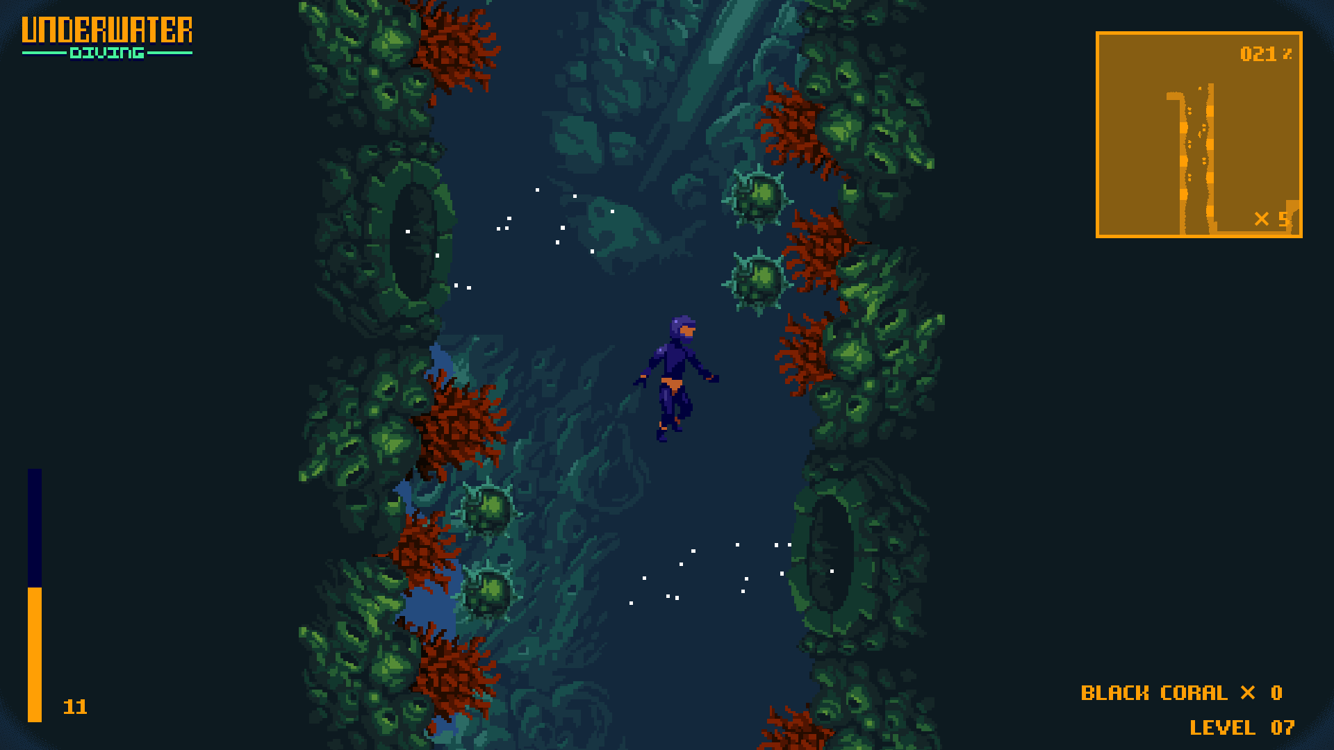 Gameplay: Diver vs Underwater Currents & Small Mines & Razor Bushes
